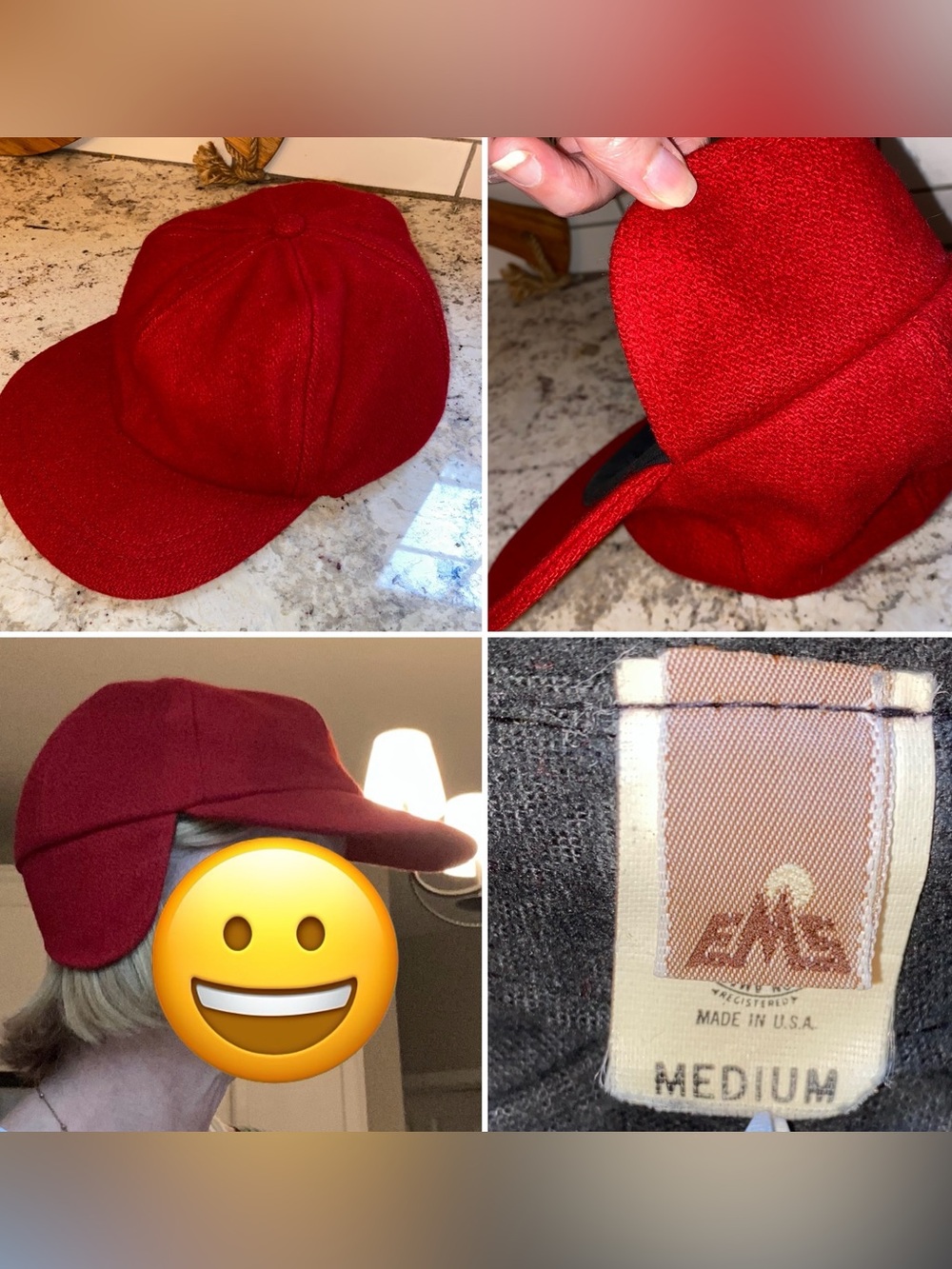 EMS Vintage Red Wool Hunters Trapper Ear Flap Cap Made in USA OS